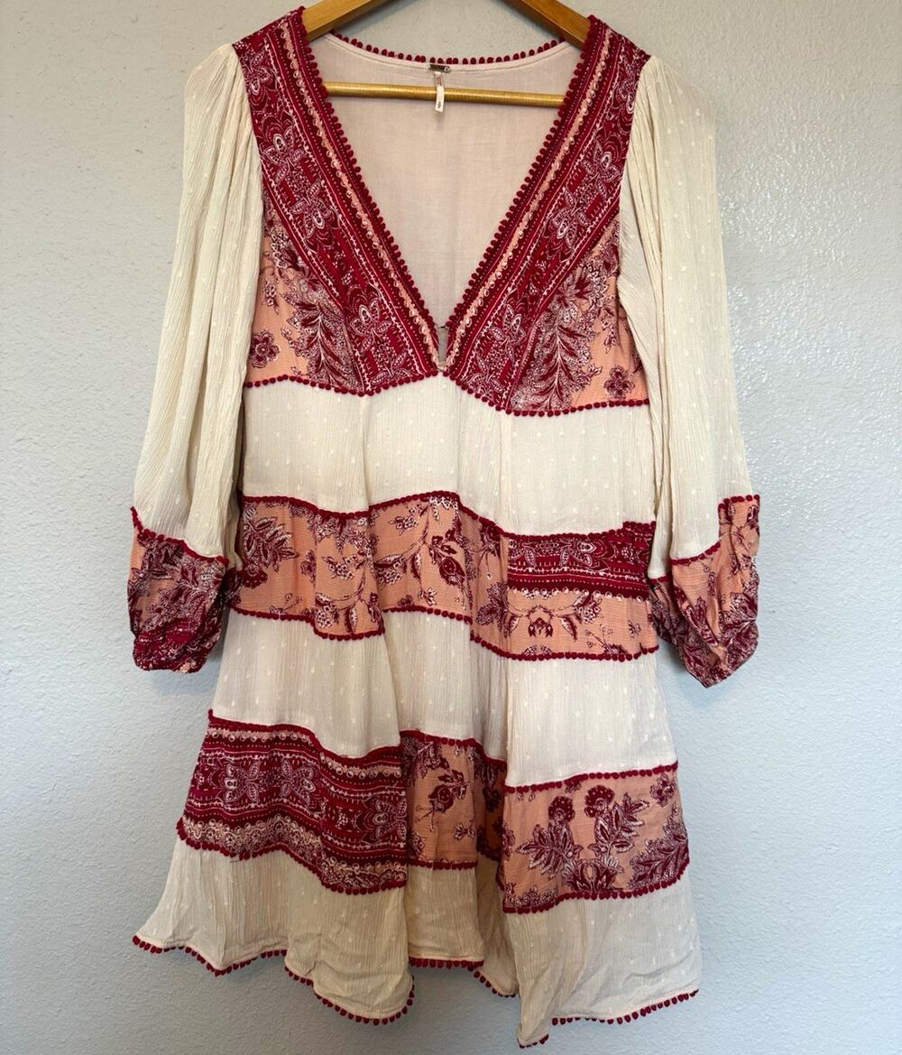 Free People Boho Floral V-Neck Long Sleeve Mini Dress Ivory Red Pink Size S
